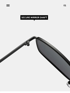 Close-up of secure metal mirror shaft and screw detail on black square frame sunglasses
