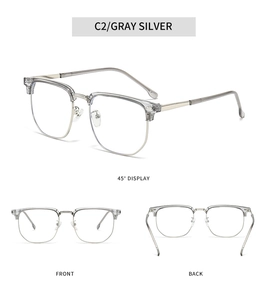 Three-angle macro view of gray and silver semi-rimless anti-blue light glasses frame