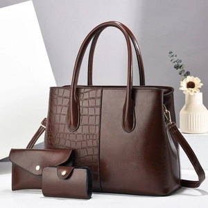 3-piece dark brown crocodile pattern tote bag set with detachable shoulder strap