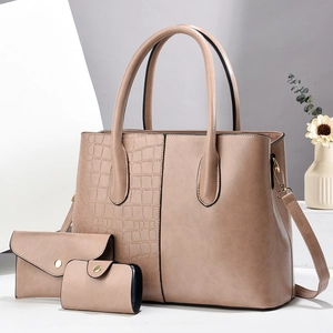 3-piece set pink tote bag with crocodile pattern and detachable shoulder strap