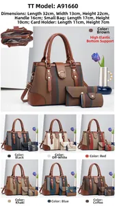 Close-up of three-piece handbag set featuring woven texture and dimensions for versatile use