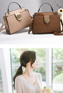 Close-up of woven texture and vintage gold buckle on beige and brown handbags
