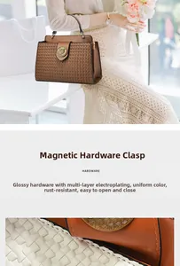 Detail of vintage golden hardware buckle and woven leather texture on crossbody bag