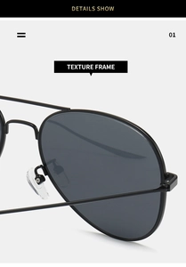 Macro detail of classic black metal aviator frames with deep gray UV protective lenses