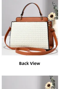 Detailed back view of a beige and brown crossbody bag with woven texture and leather details