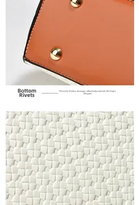 Detail of protective gold studs on orange base and white woven fabric of the tote bag