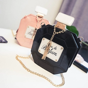 Chic perfume bottle shaped crossbody bags in black and pink with chain straps