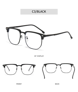 Detailed views of black semi-rimless eyeglass frames showing front and side angles