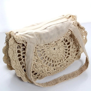 Chic beige straw woven tote bag with flower crochet design and zipper closure