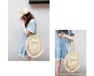 Detail of the round woven straw shoulder bag featuring intricate hollow crochet patterns