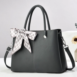 Fashion Women Lychee Grain PU Leather Tote Bag With Satin Scarf Decor Silver Hardware Shoulder Crossbody Handbag