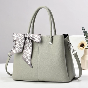 Gray lychee grain leather tote bag with silk scarf decoration and silver hardware