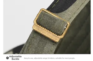 Detail of adjustable metal buckle and camouflage canvas strap for 53-60cm head size