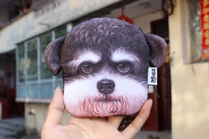 Detail showing 3D dog printed coin purse with 3D ears and top zipper closure