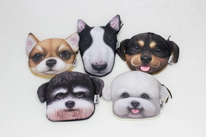 Detailed view of five distinct dog head printed small pouches with secure zippers