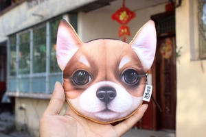 Detailed close-up of 3D dog printed coin purse featuring a realistic chihuahua face
