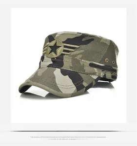 Detail of camouflage military flat top cap with Air Force star embroidery and metal eyelets