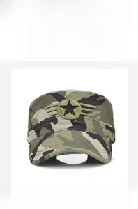 Detail of camouflage military cap with embroidered star and metal side eyelets