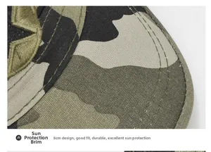 Detail of 8cm sun protection brim with camouflage pattern and sturdy stitching