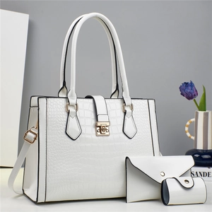 Three-piece set of white crocodile pattern tote bag with gold lock and mini pouches