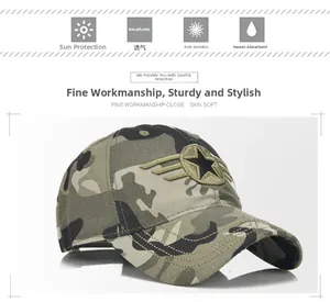 Detail of military style camouflage baseball cap with embroidered star and wing badge