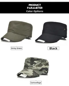 Flat top military caps in army green, black, and camouflage cotton with breathable eyelets