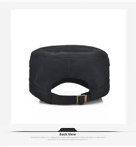 Detail view of cotton military cap back with adjustable strap and metal buckle