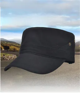 Close-up of black cotton military cap featuring metal side eyelets and stitched brim