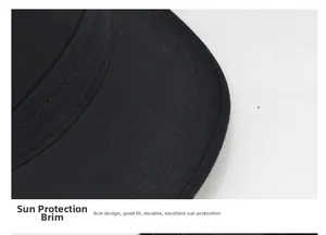Close-up of 8cm brim on a black cotton military sun hat showing stitch detail