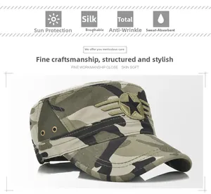 Detail view of camouflage flat top cadet hat with star emblem and breathable fabric