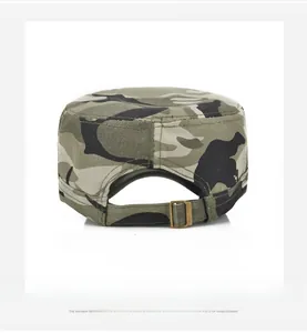 Detail view of the camouflage flat top military hat with an adjustable bronze metal buckle