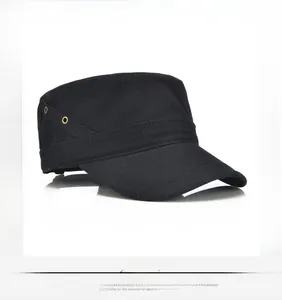Detailed side view of black cotton military cap with vintage bronze eyelets and stitching