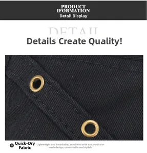 Close-up of quick-dry fabric texture with bronze air vents on the black cotton hat