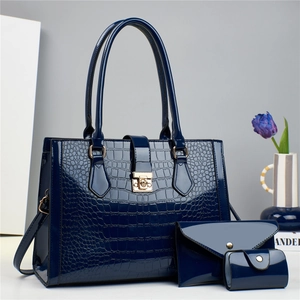3-piece set of navy blue faux crocodile leather handbags with tote and shoulder straps