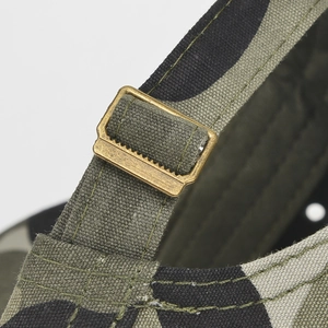 Men's camouflage flat top military cap featuring a vintage metal adjustable back strap