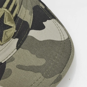 Men's camouflage flat top military cap with star embroidery and distressed canvas detail