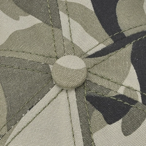 Close-up of camouflage outdoor baseball cap top showing cotton fabric and reinforced stitching