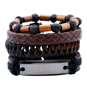 Men's Vintage Cowhide Leather Bracelet Set Braided Cord Wood Beads Lava Stone Spanish Lord's Prayer Metal Plate Punk Jewelry
