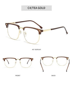 Detail view of tea gold semi-rimless glasses frame with adjustable nose pads