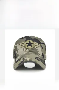 Detail of outdoor camouflage baseball cap with black star embroidery and curved brim