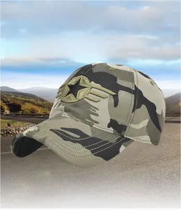 Detail of army green camouflage baseball cap with star and wing embroidery on front