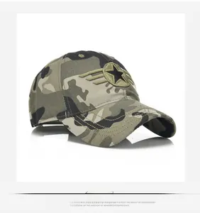 Detailed side view of camouflage baseball cap with star wings embroidered badge