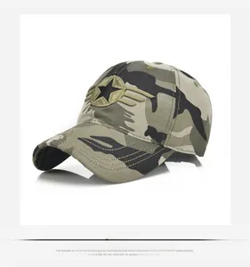 Detail of army green camouflage baseball cap featuring star wing military patch and stitching