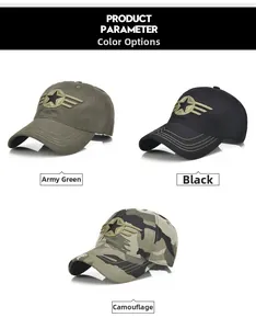 Detailed view of tactical baseball caps in army green, black and camouflage with star embroidery