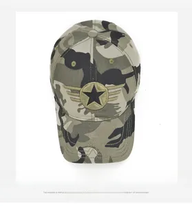 Detailed close-up of camouflage baseball cap featuring embroidered star and wings badge