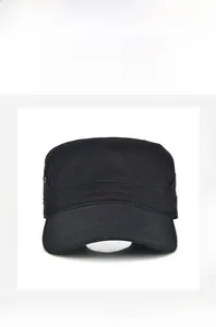 Front view of a black cotton cadet cap with metal eyelets for outdoor sun protection