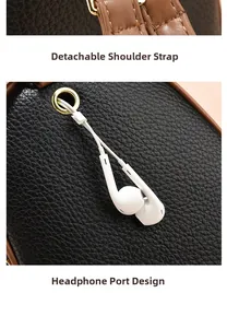 Detail of detachable shoulder strap and earphone port on lychee pattern bag