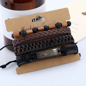 Men's 4-piece multilayer leather bracelet set with volcanic stone and wooden beads