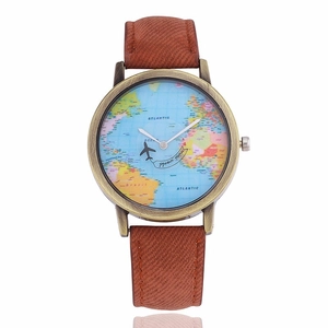 Traveler watch with world map dial, airplane second hand and vintage bronze case