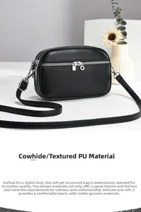 Close-up of black litchi texture crossbody bag with silver zipper and leather detail